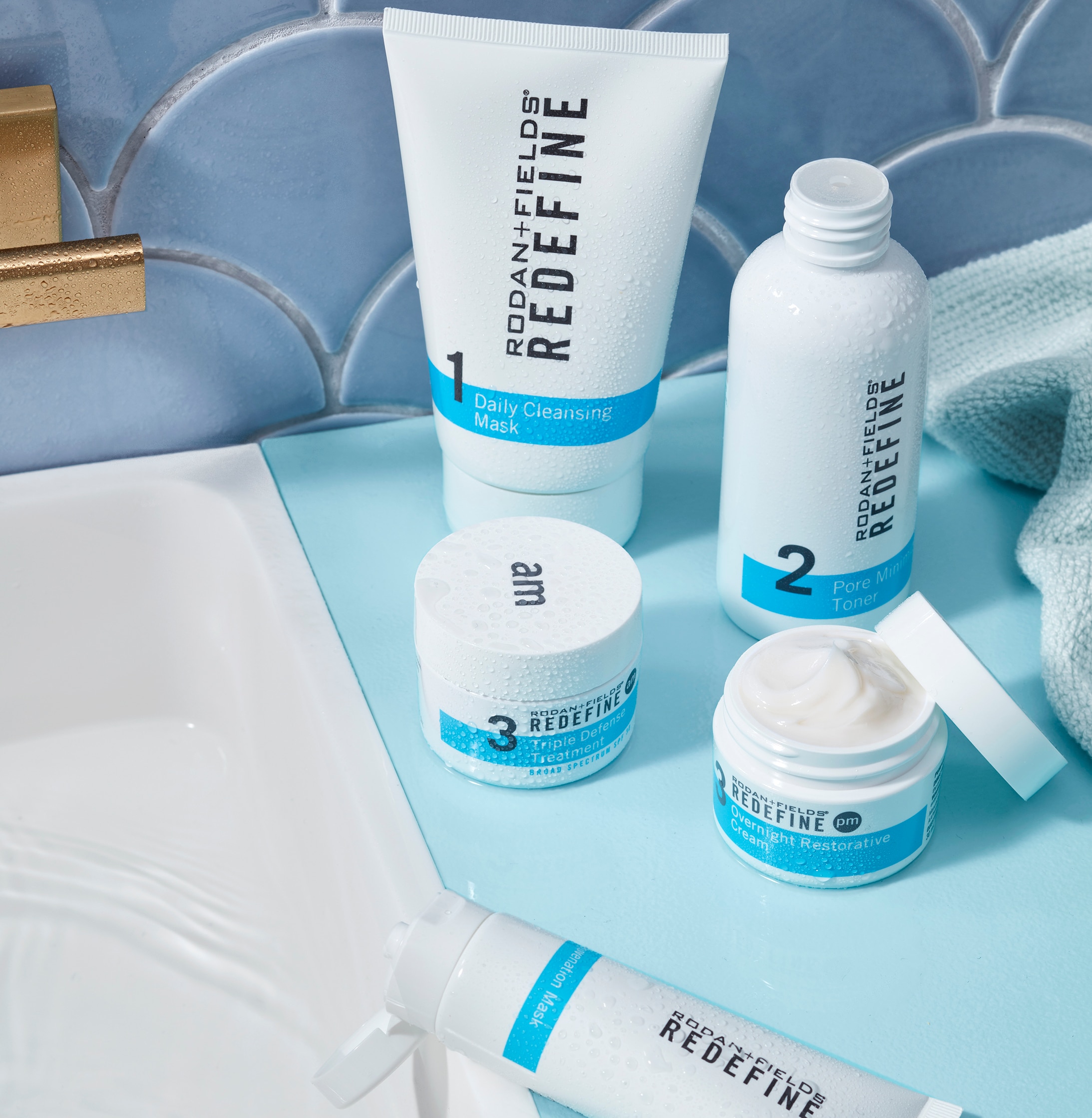 Redefine Regimen shown on bathroom counter