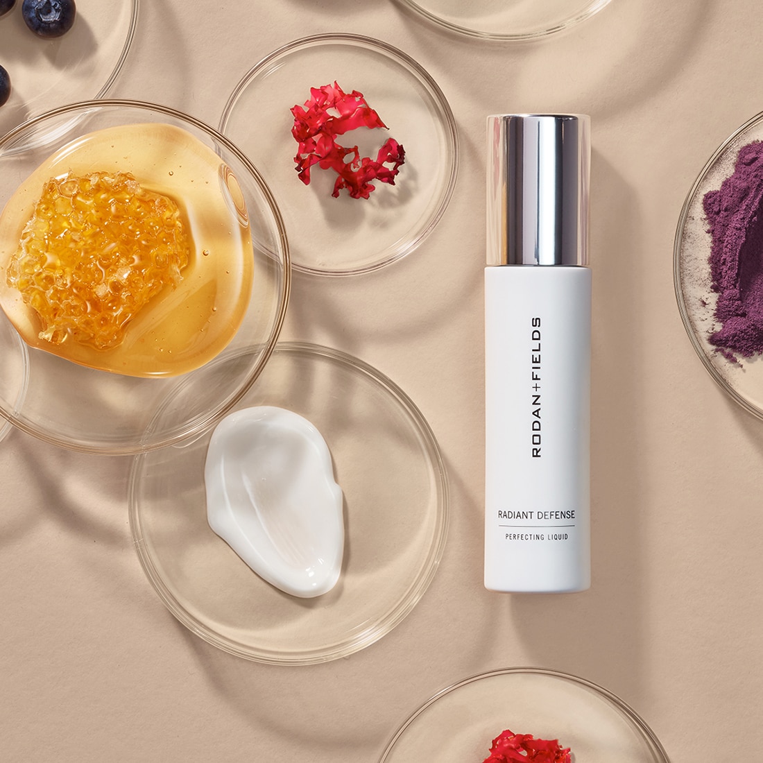 Rodan and Fields Radiant Defense Perfecting Liquid - pictured with pitri dishes of ingredients