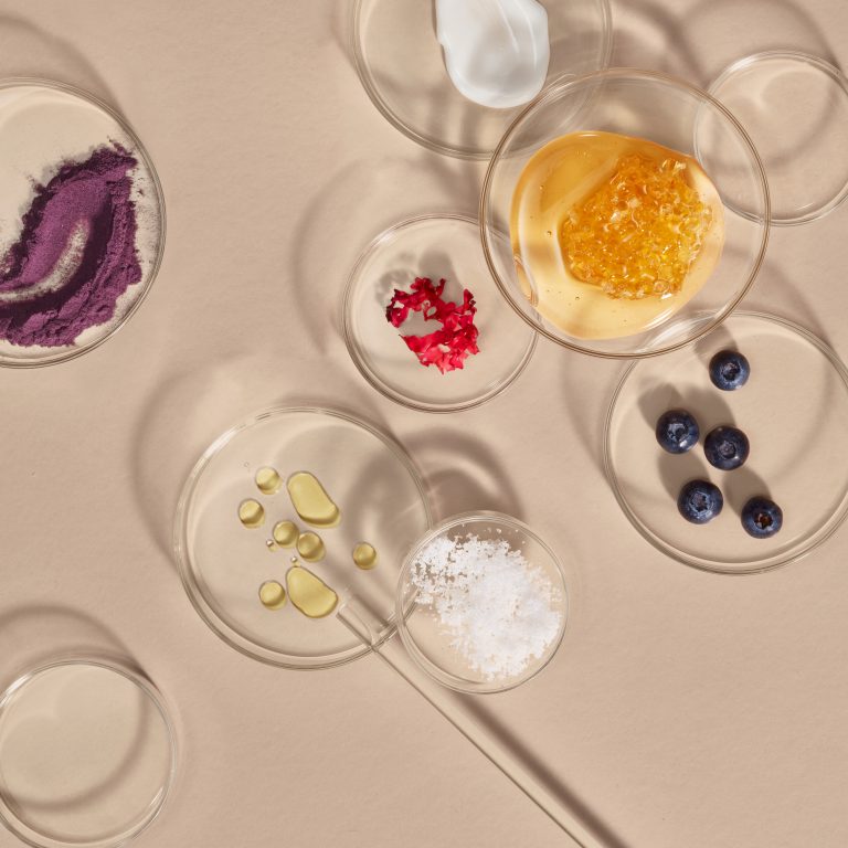 Glass petri dishes with various antioxidant skincare raw ingredients