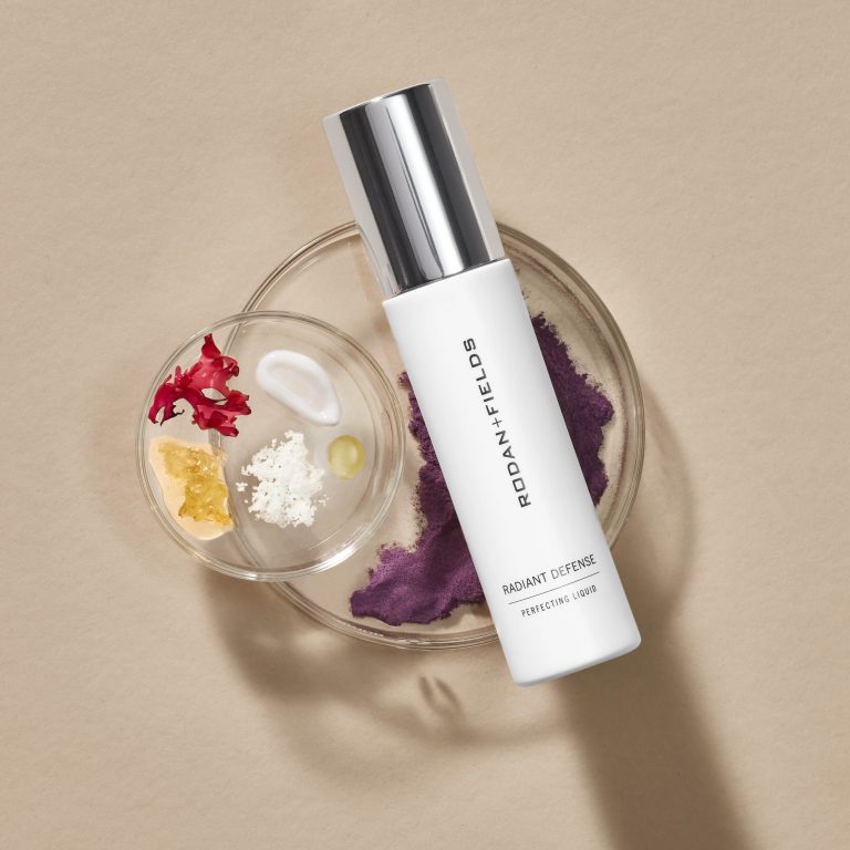 Radiant Defense Perfecting Liquid pictured with ingredients