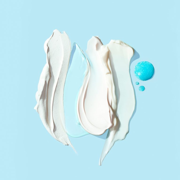Texture swatches of skincare regimen - cleanser, toner, eye cream, serum, lotion