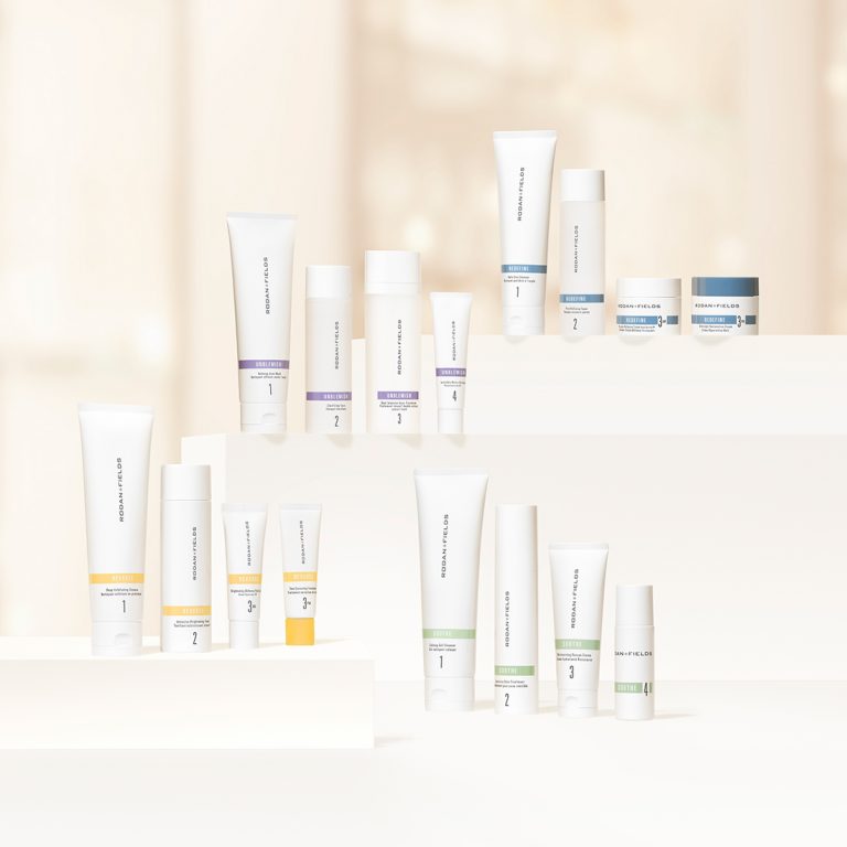 Four Rodan + Fields skincare regimens in a group photo: Reverse, Unblemish, Redefine, Soothe