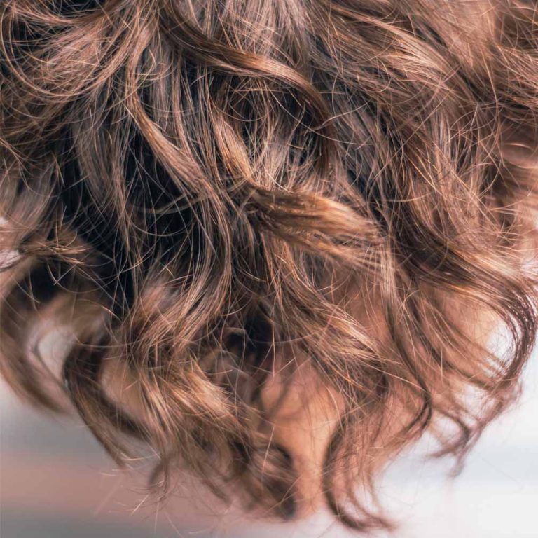 Close-up of the back of a woman's hair, showing thick wavy dry texture. Photo by Paul Siewert.