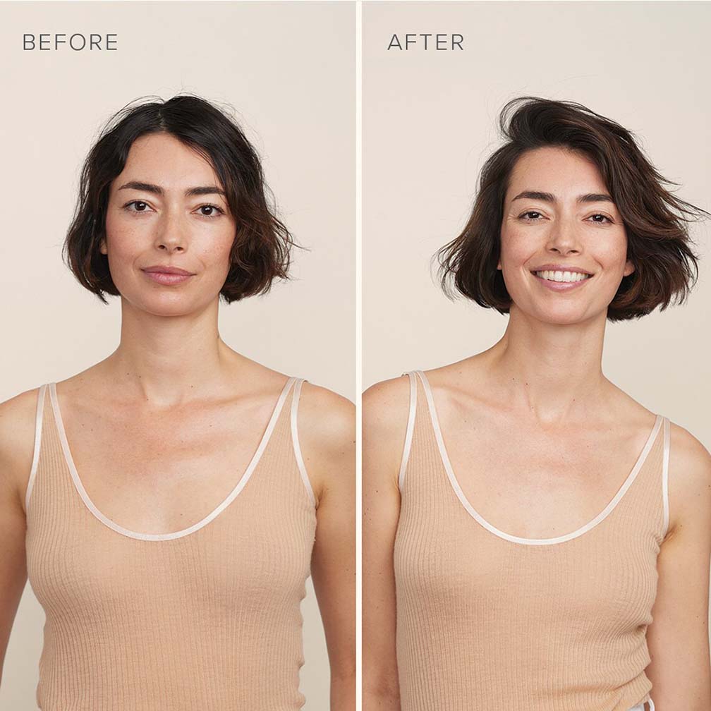 Woman with short brown hair showing before and after using Rpdan + Fields Refresh+ Dry Shampoo