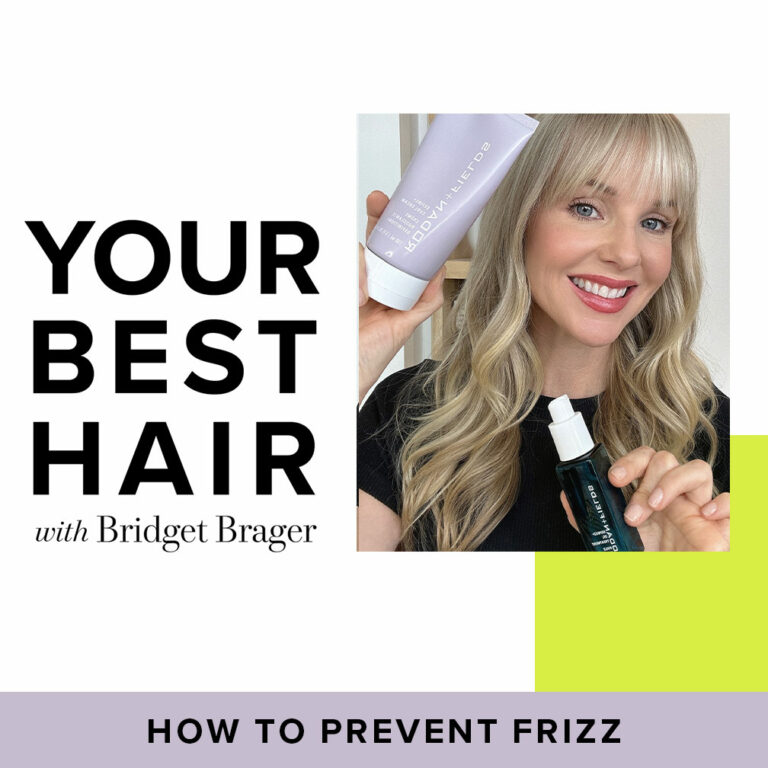 Your Best Hair with Bridget Brager - How to Prevent Frizz - Bridget holding Rodan + Fields Defrizz+ Oil Treatment and Define+ Curl Cream