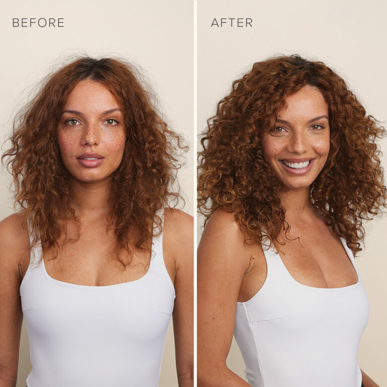 Young woman with dark curly hair showing before and after using Rodan + Fields DEFINE+ Curl Cream
