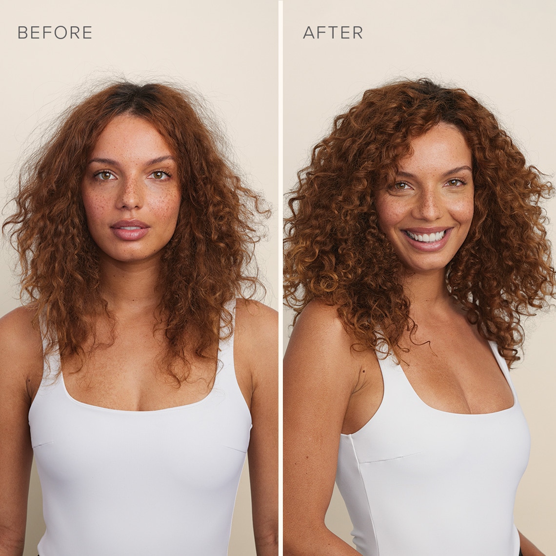 Young woman with dark curly hair showing before and after using Rodan + Fields DEFINE+ Curl Cream