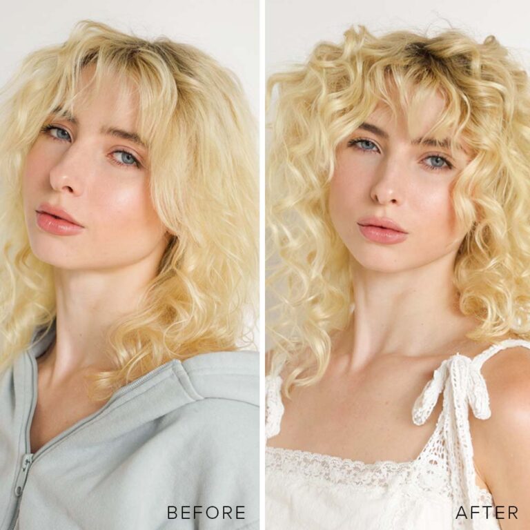 Model with blonde wavy hair demonstrating before and after using Rodan + Fields Moisture+ Conditioning Mask